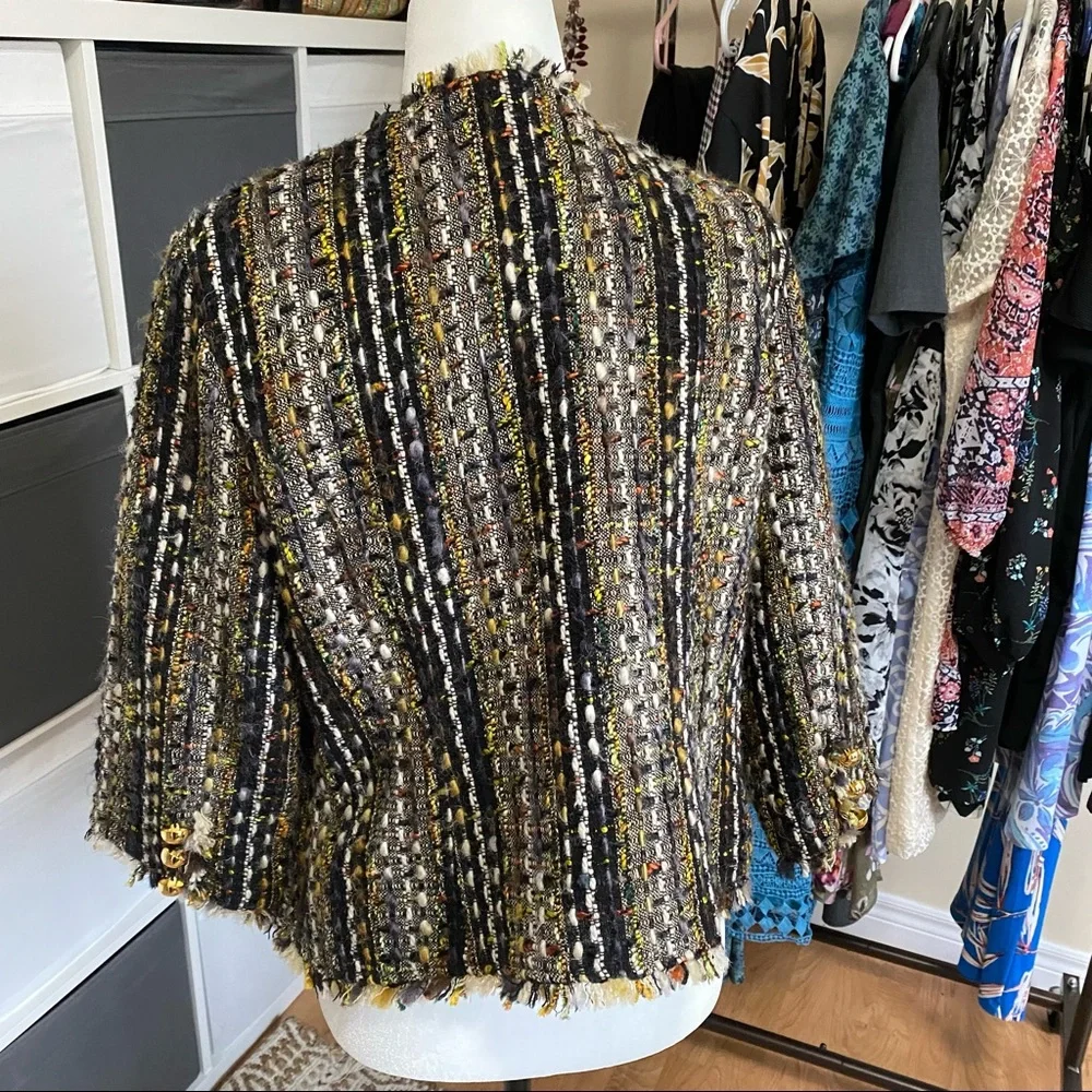 CAbi Fringe Blazer Wool Tweed Gold Button - Picture 5 of 10